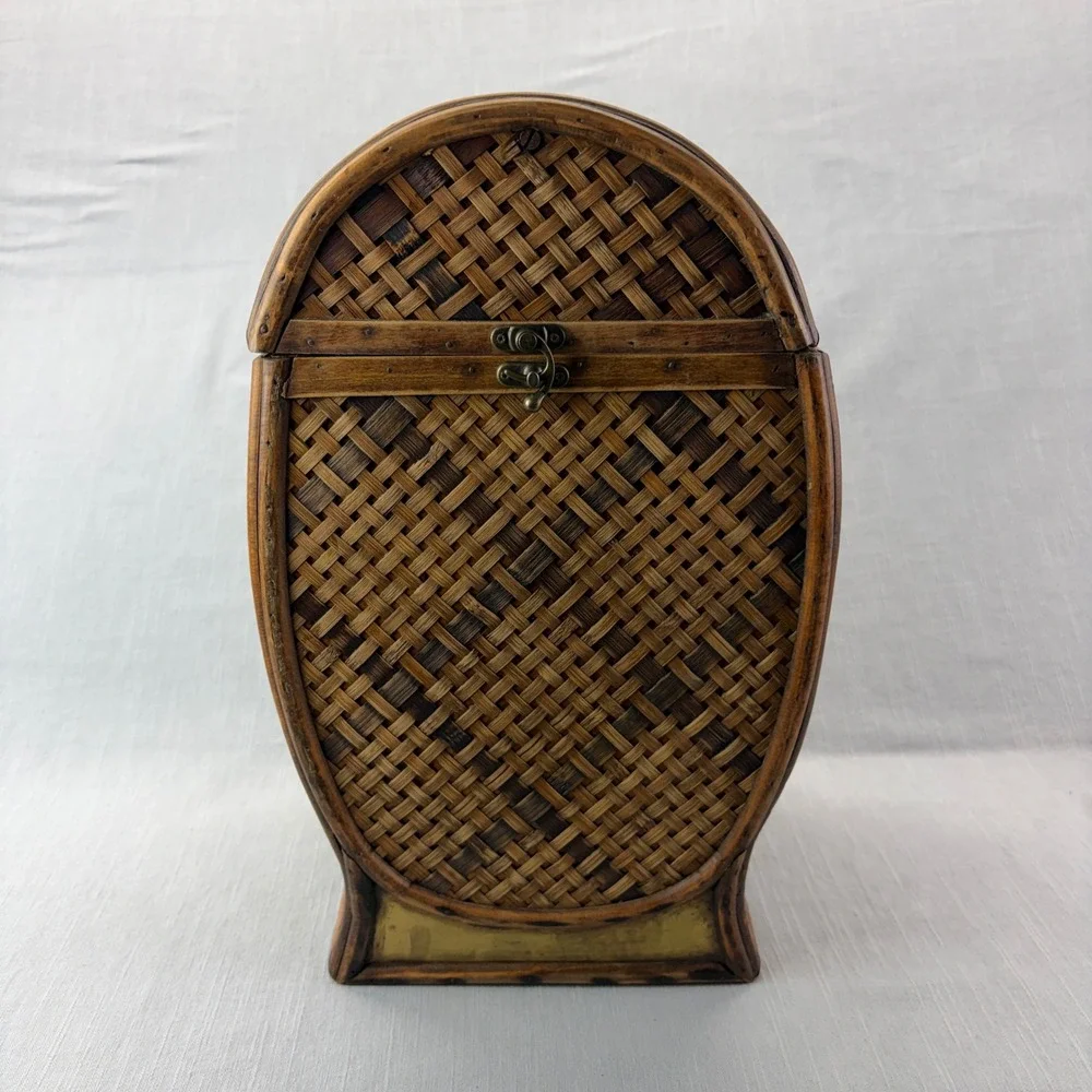 Vintage Wicker and Wood Storage Box Brown Boho Woven Latch Lid Decorative Brass